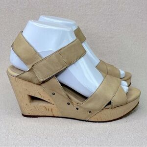 Eileen Fisher Wooden Cutout Leather Wedge Heels-Tan-Women’s 7.5-Wedding-Formal